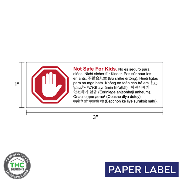 Multi Language "NOT SAFE FOR KIDS" HAND STOP SIGN Label, Government Warning, paper size 3" x 1" (1,000 pcs)